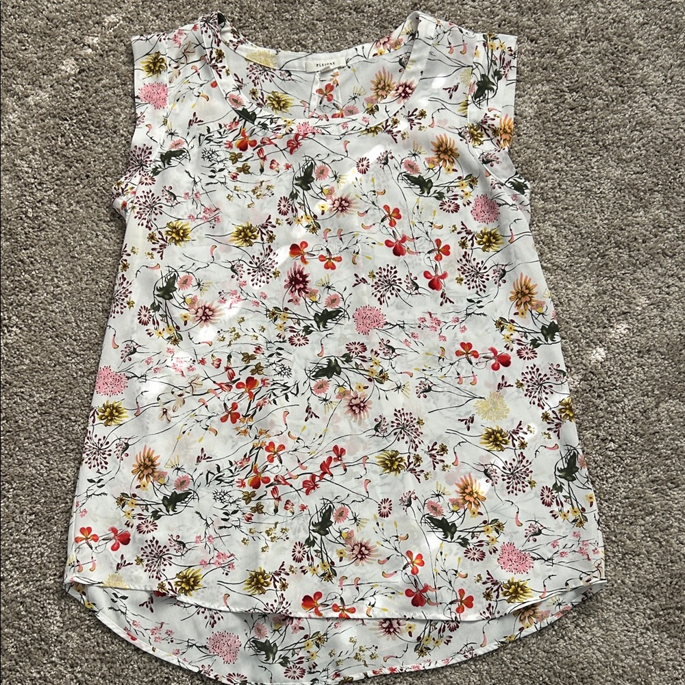 Pleione White Floral Sleeveless Top with Pink, Red & Yellow Blooms